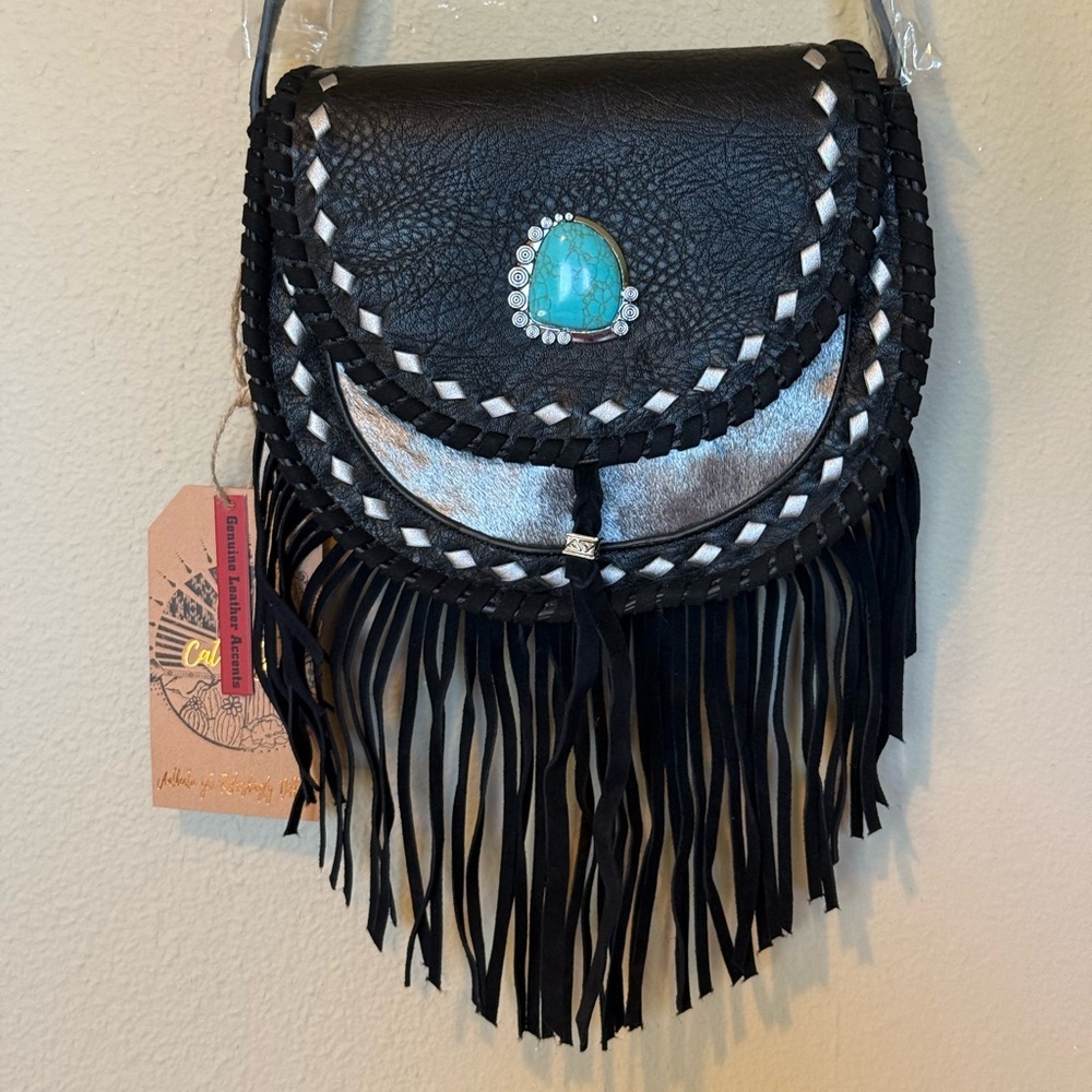 Western Black Fringe Crossbody Bag Turquoise Boho Shoulder Purse NWT - Picture 11 of 12